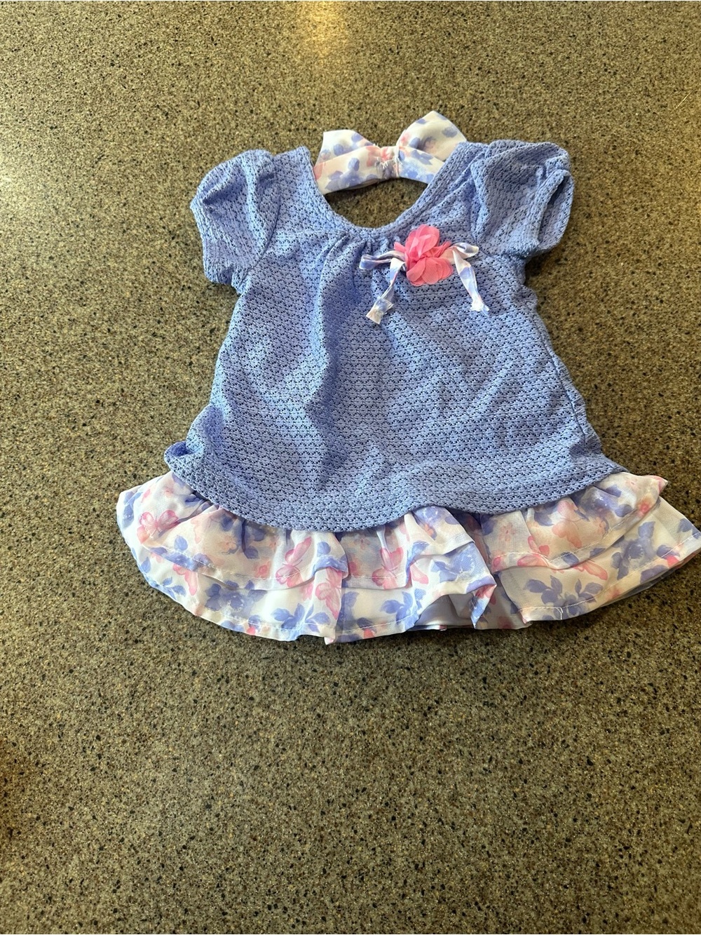 Girls' Blue Floral Ruffle Dress with Bow Accent